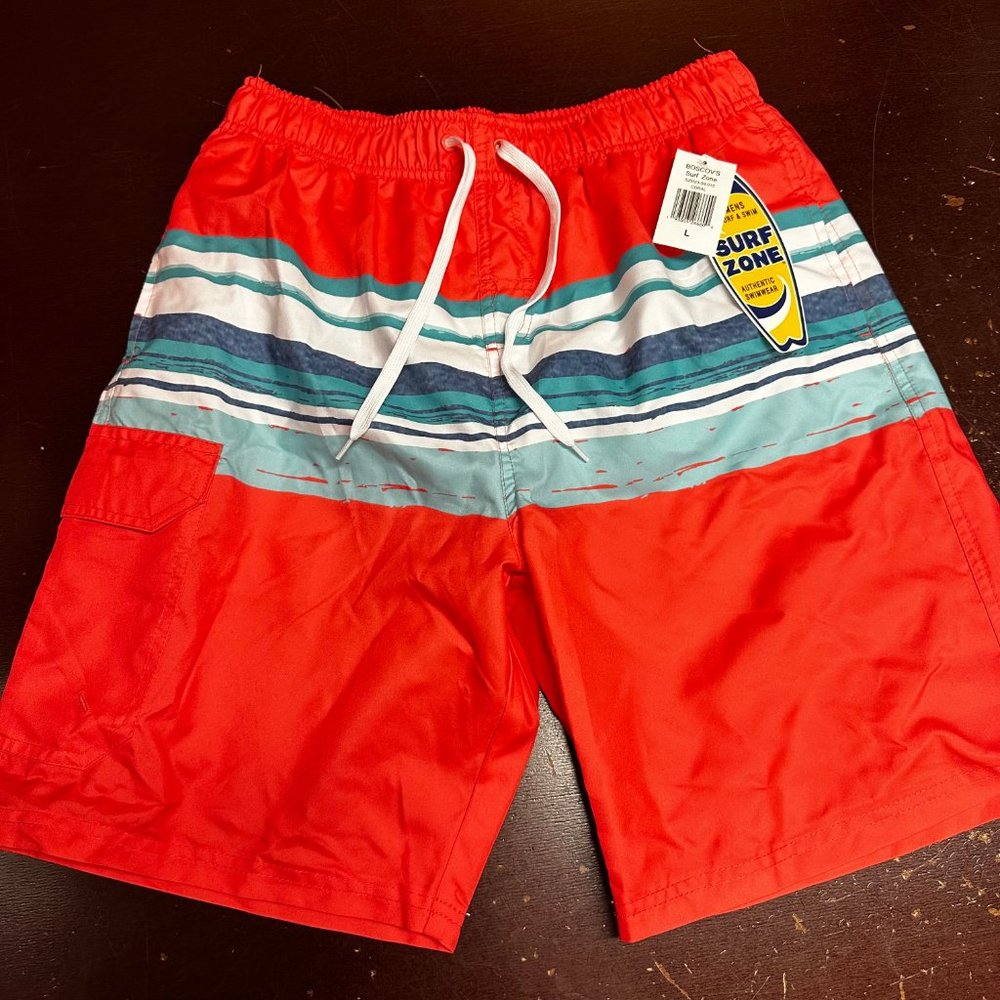 Surf Zone Mens Orange Elastic Waist Pockets Authentic Swimwear Shorts Size Large